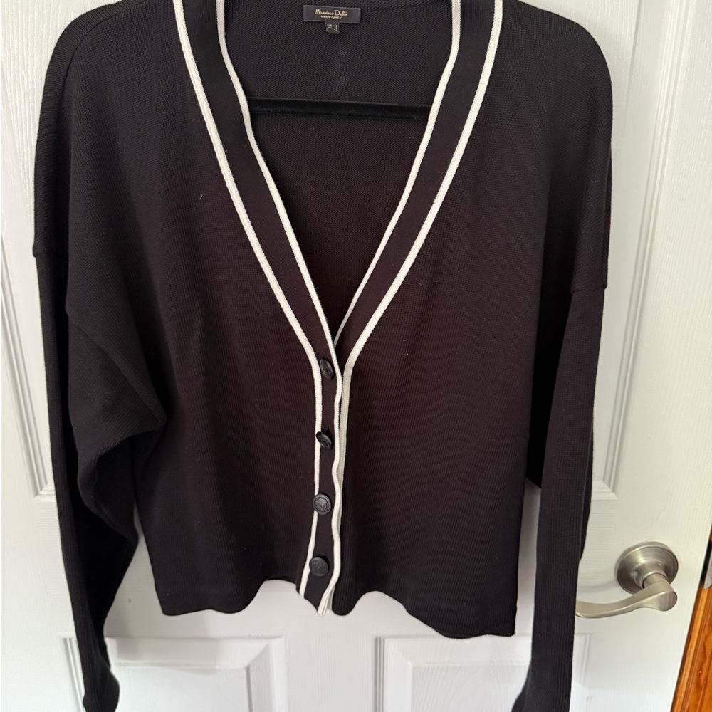 Massimo Dutti Black and White Cardigan Sweater V-Neck Knit